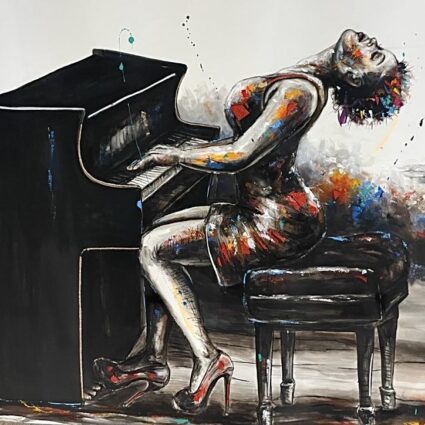 Painted keys is an original artwork of an african woman playing the piano painted by artist Arlindo Maunde
